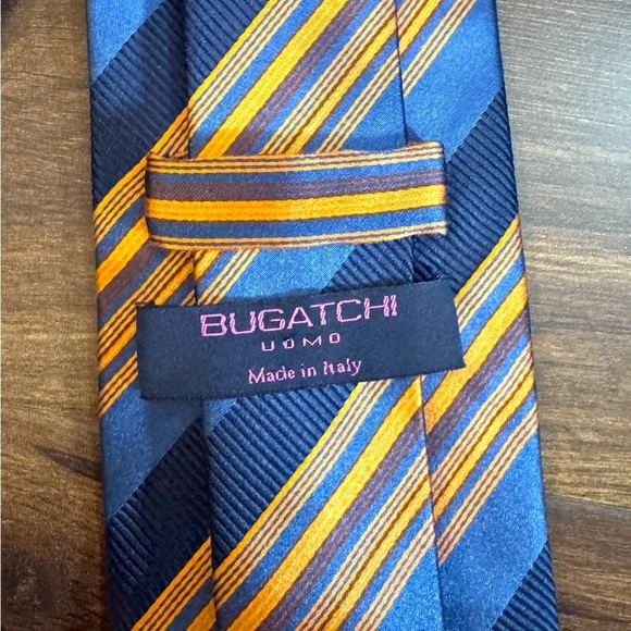 BUGATCHI Uomo Navy and Orange Striped Silk Tie Made In Italy - Picture 2 of 10